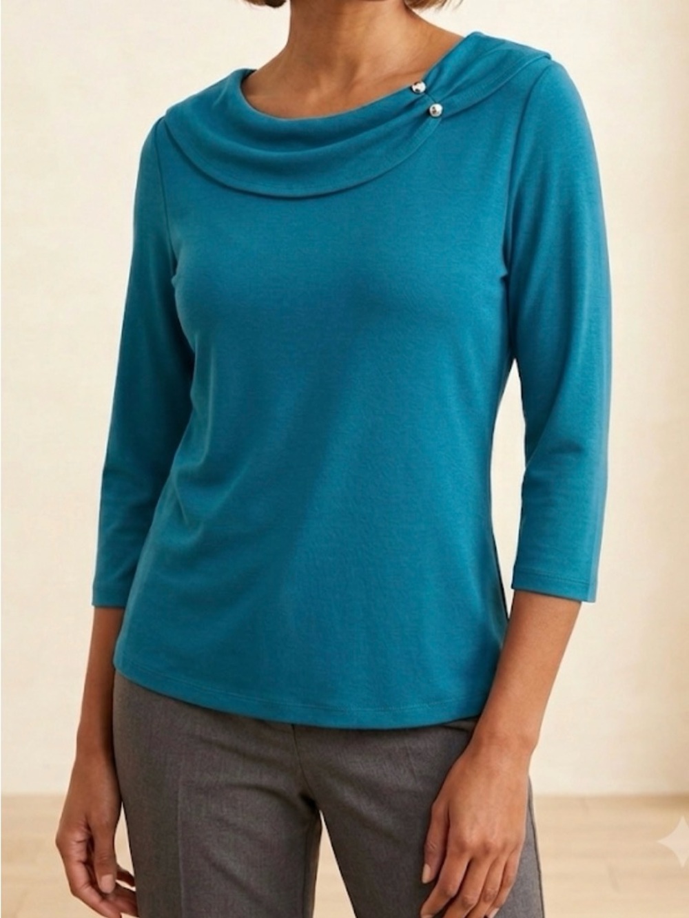 Rafaella 100% Cotton Women’s Teal Draped Cowl Neck 3/4 Sleeve Blouse Size L/G